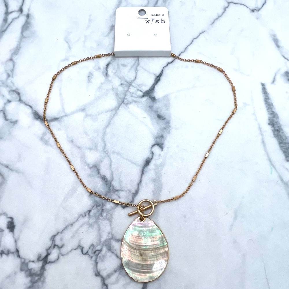New Make a Wish Shell Necklace Gold Tone Metal Teardrop Pendant Shape